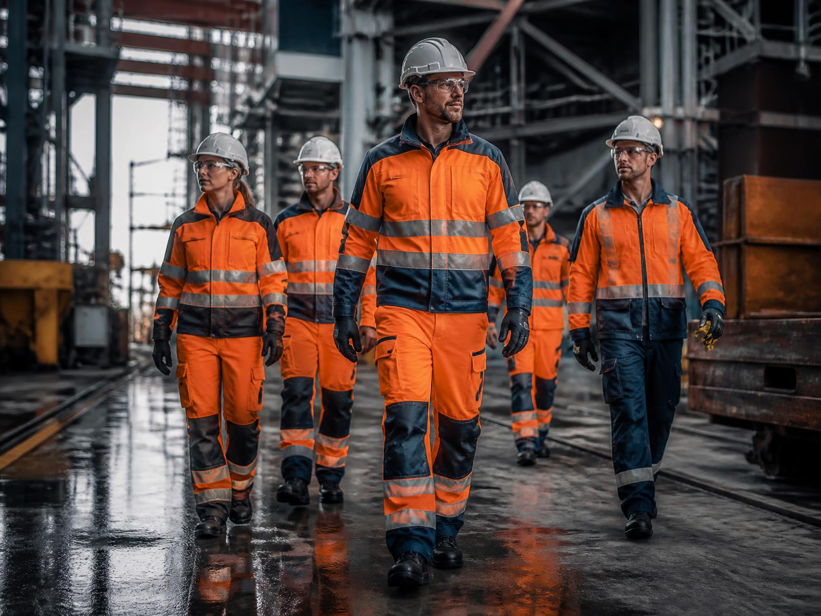 Industrial workers wearing TASINO high-visibility workwear, helmets and safety boots on site